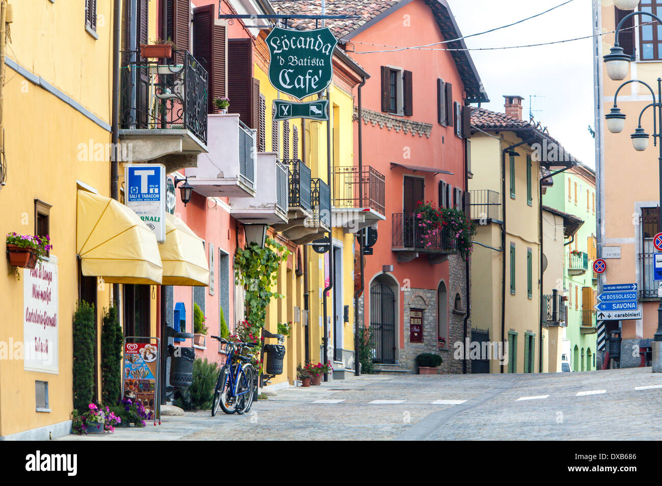 Typical Italian hill town with brightly painted buildings in the Langhe, Piemonte, Italy Stock Photo