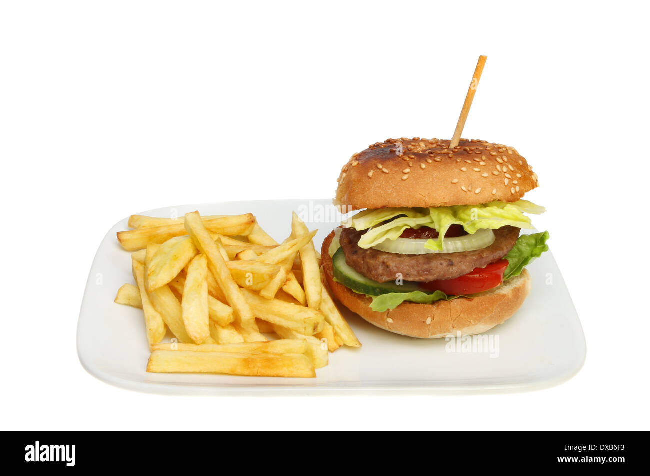 Beef burger and chips on a plate isolated against white Stock Photo
