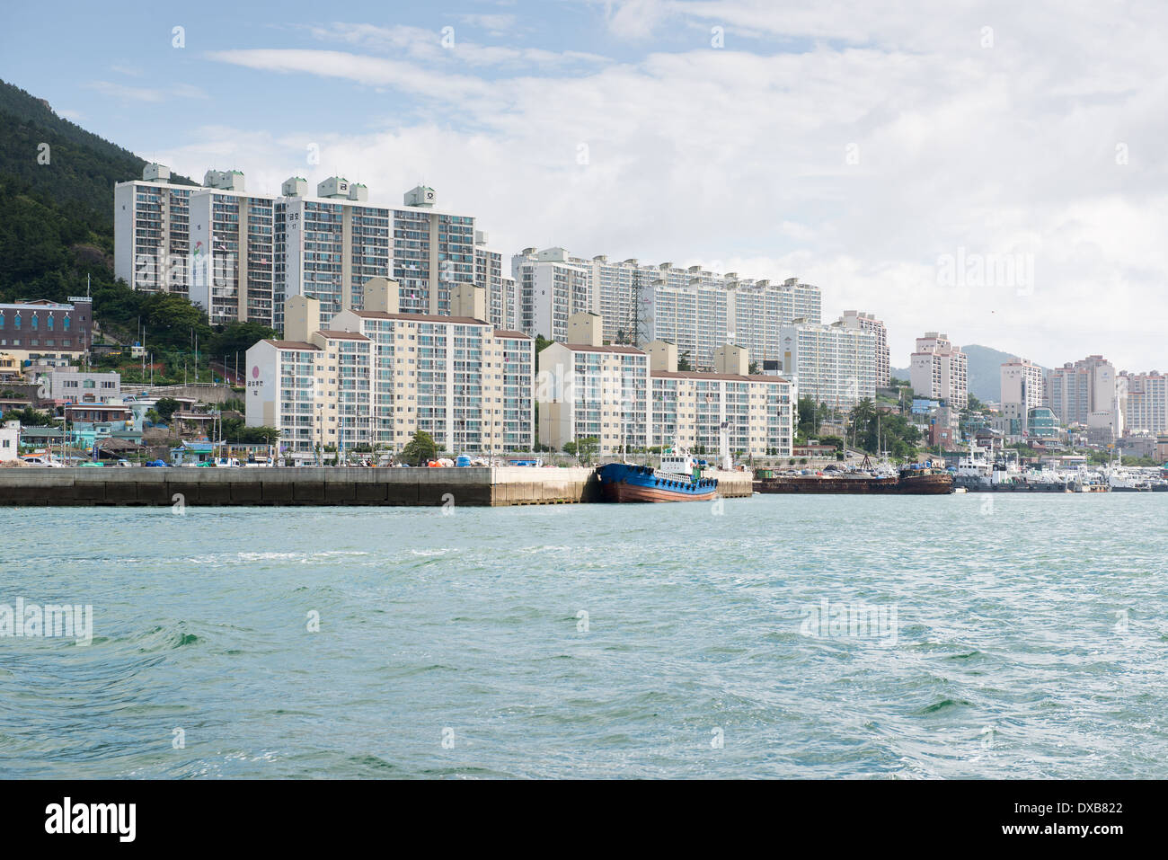 Part of the harbor of Yeosu in South Korea as seen from the sea Stock Photo