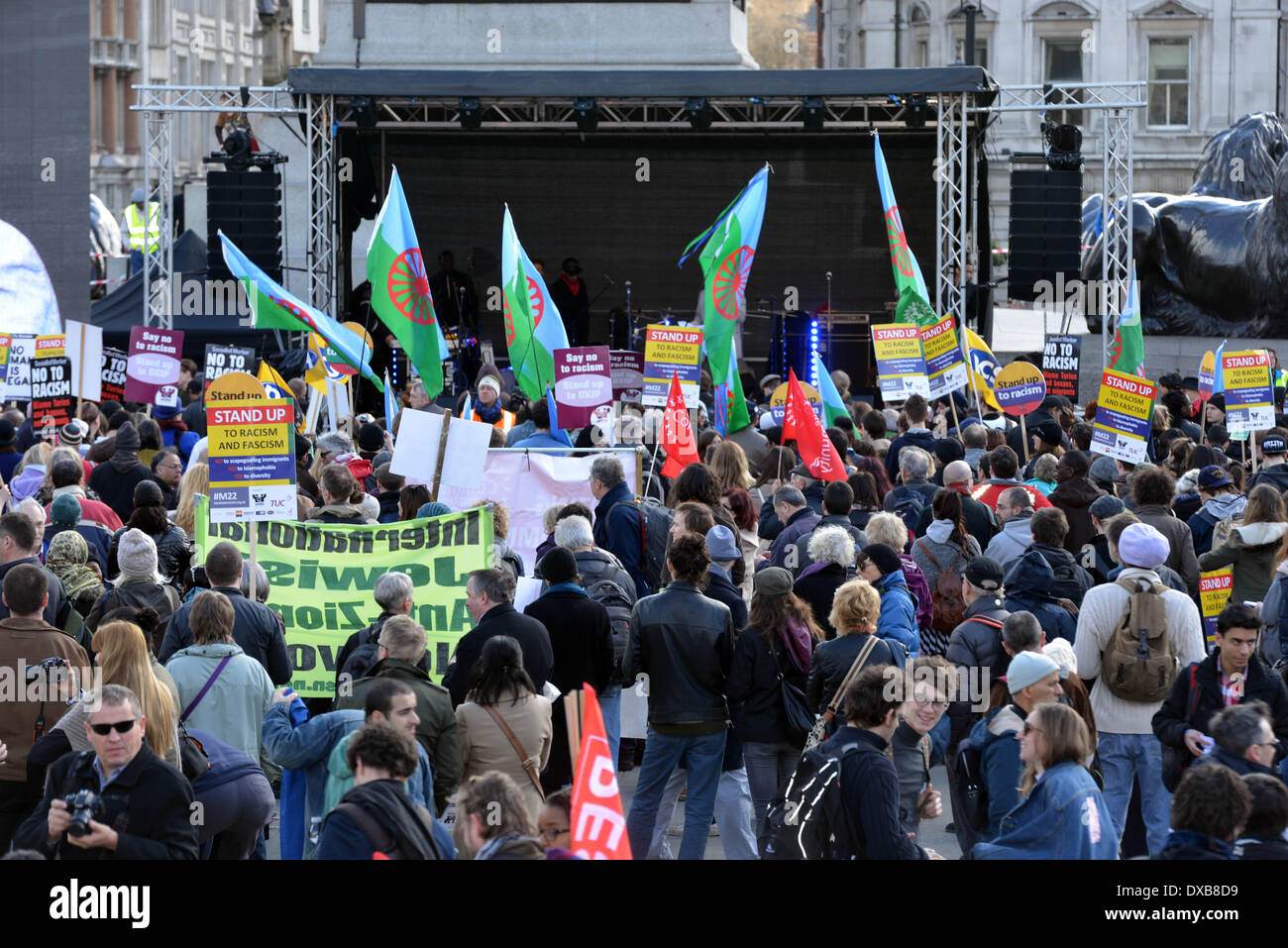 London UK. 22nd March 2014. Thousands of anti-racism and anti-fascism protesters and supporters marched from Westminster’s Parliament buildings to a rally in Trafalgar Square, London. The demonstration falls on United Nations Anti-Racism Day. Photo by See Li/Alamy Live News Stock Photo