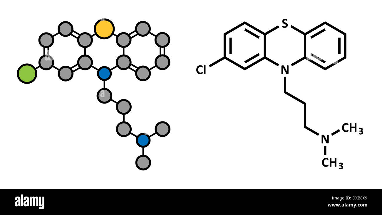 Chlorpromazine (CPZ) antipsychotic drug molecule. Used to treat ...