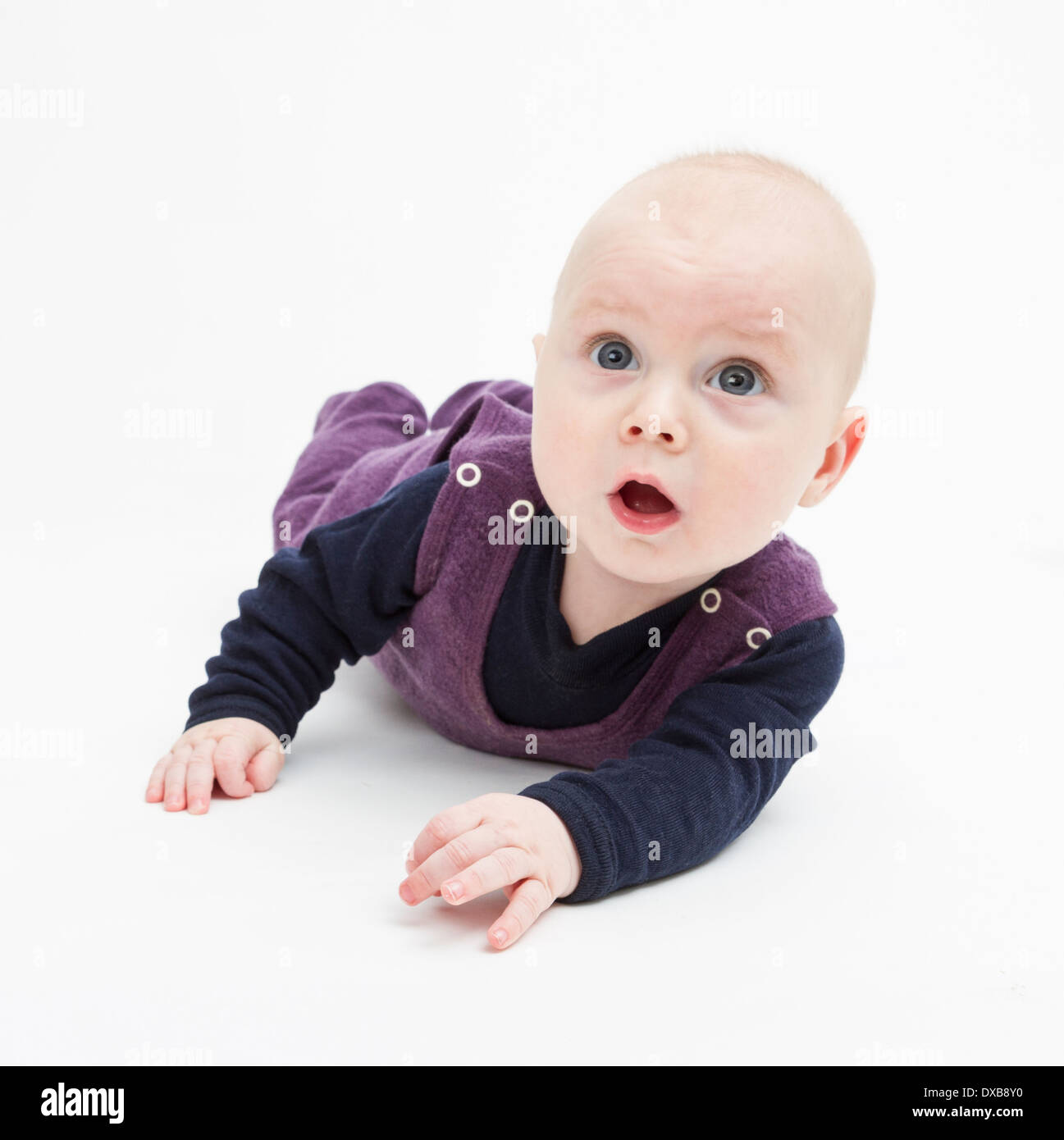 astonished baby lying on floor. studio shot on grey background Stock Photo