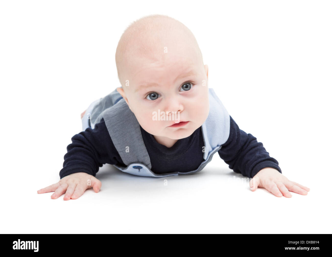 6 month old baby crawling on white floor. isolated on white background Stock Photo