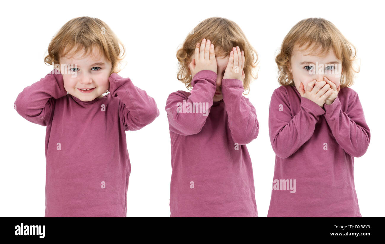 three pictures of the same child isolated on white and put together Stock Photo