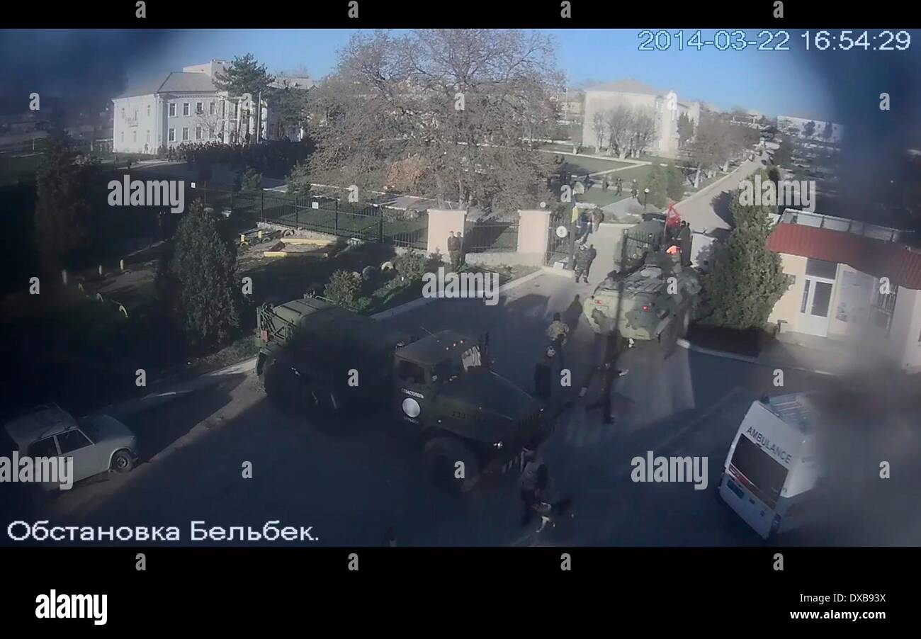 Crimea. 22nd Mar, 2014. Belbek Airbase Stormed by Russian military. CCTV camera smashed. Ukraine Crisis © Archive Image/Alamy Li Stock Photo