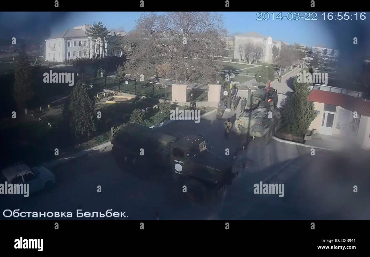 Crimea. 22nd Mar, 2014. Belbek Airbase Stormed by Russian military. CCTV camera smashed. Ukraine Crisis © Archive Image/Alamy Li Stock Photo