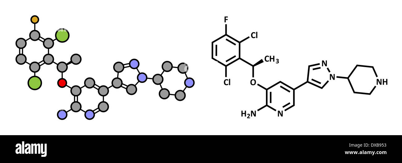 Crizotinib anti-cancer drug molecule. Inhibitor of ALK and ROS1 proteins. Stock Photo