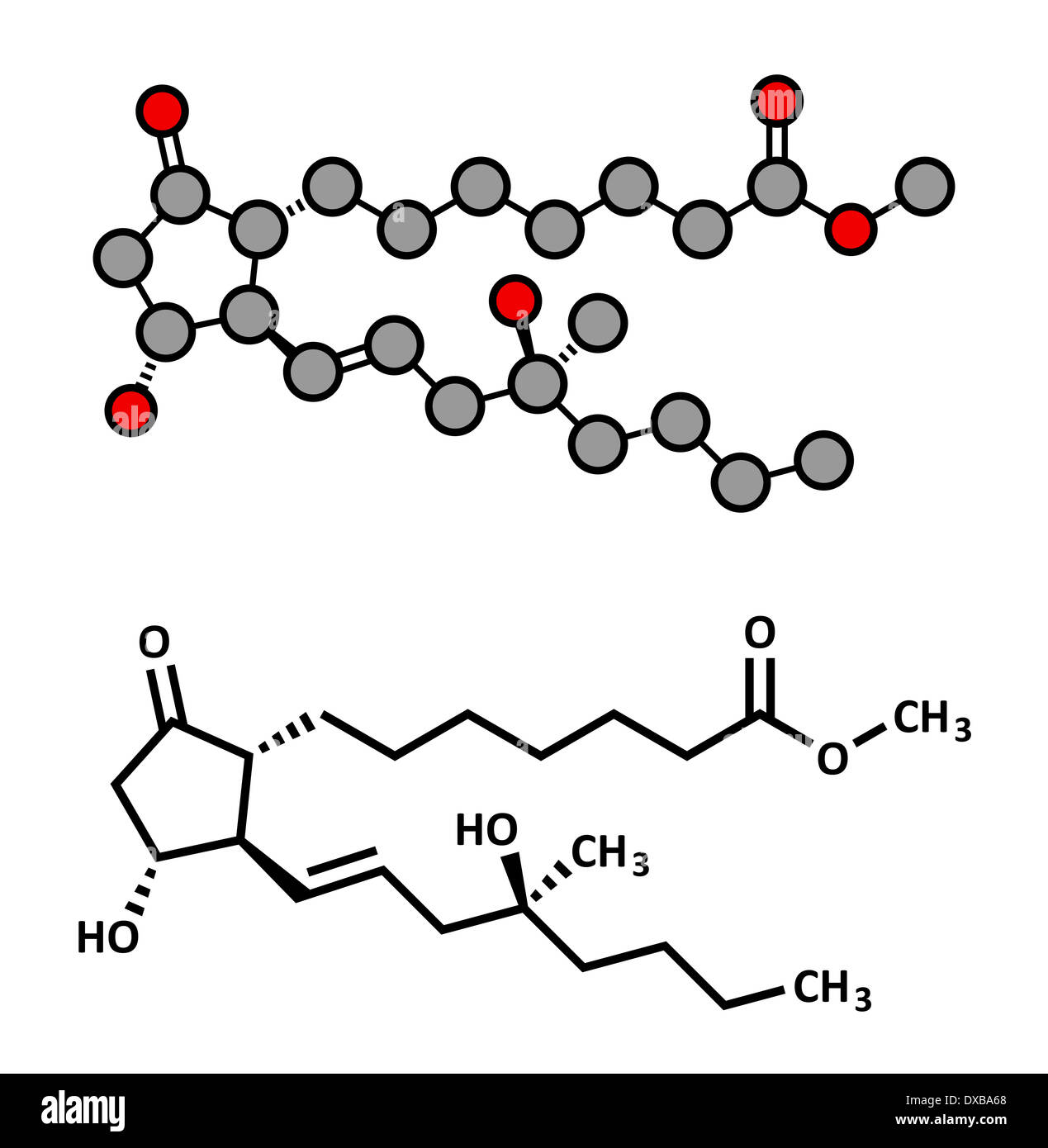 Misoprostol abortion inducing drug molecule. Prostaglandin E1 (PGE1) analogue also used to treat missed miscarriage, etc Stock Photo
