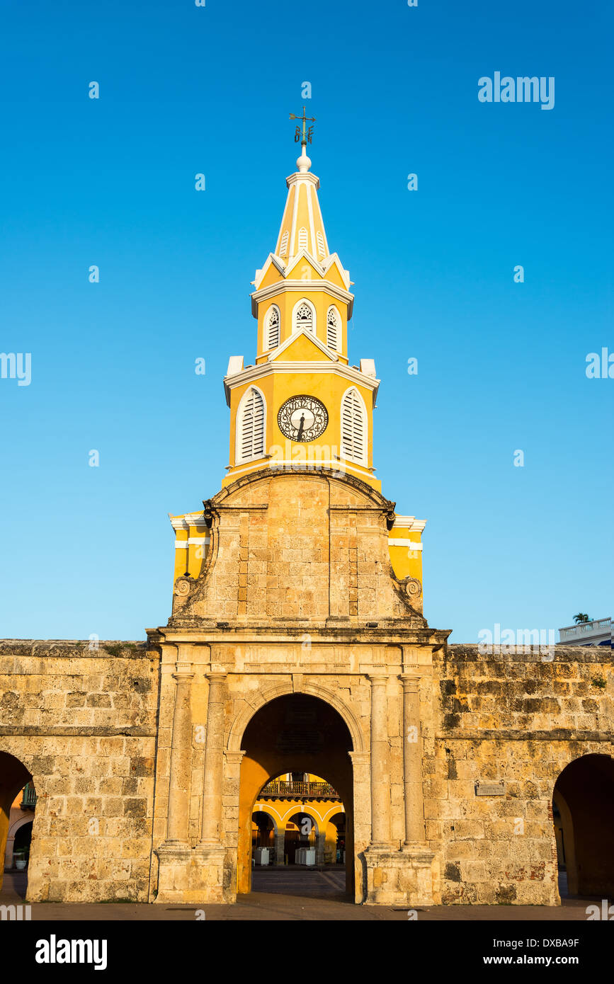 Vertical view of the clock tower gate at sunrise in the historic center of Cartagena, Colombia Stock Photo