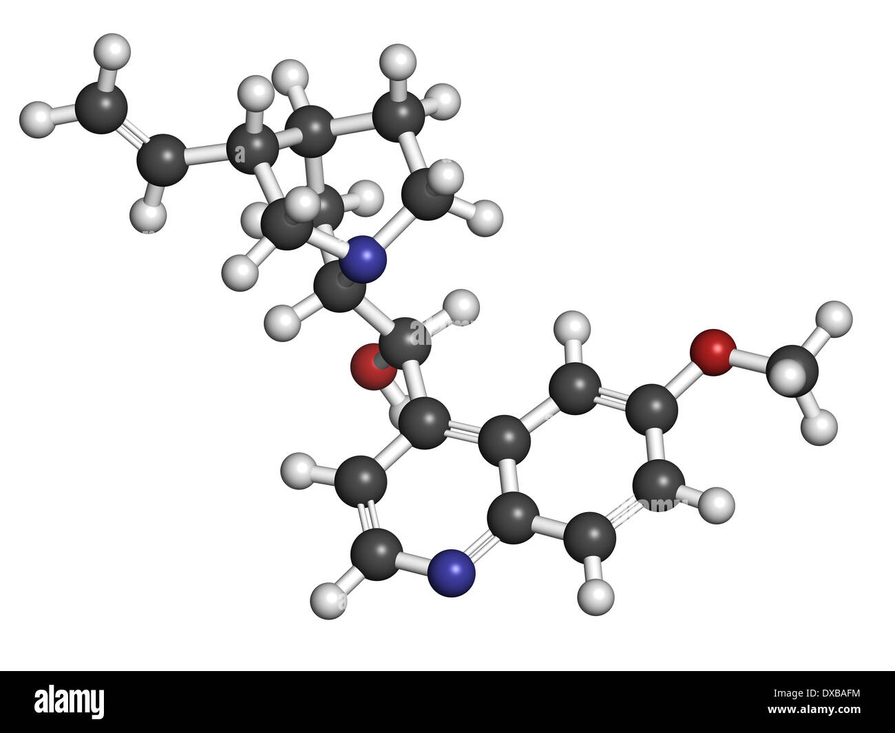 Quinine malaria drug molecule. Isolated from cinchona tree bark. Atoms