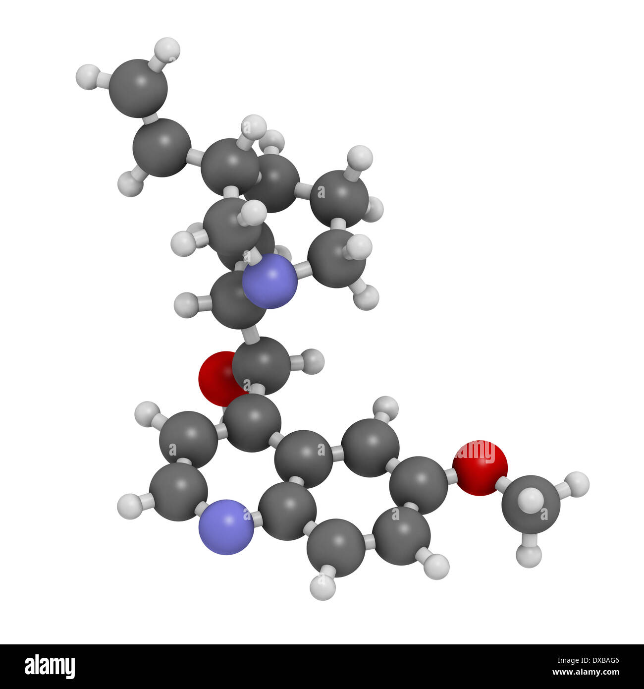 Quinine malaria drug molecule. Isolated from cinchona tree bark. Atoms