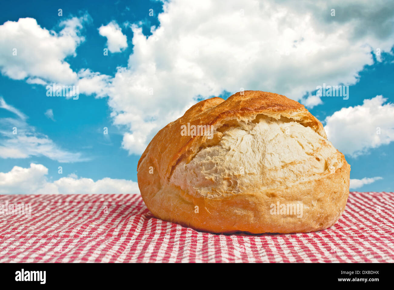 Delicious bread bun on picnic table outdoors. Stock Photo