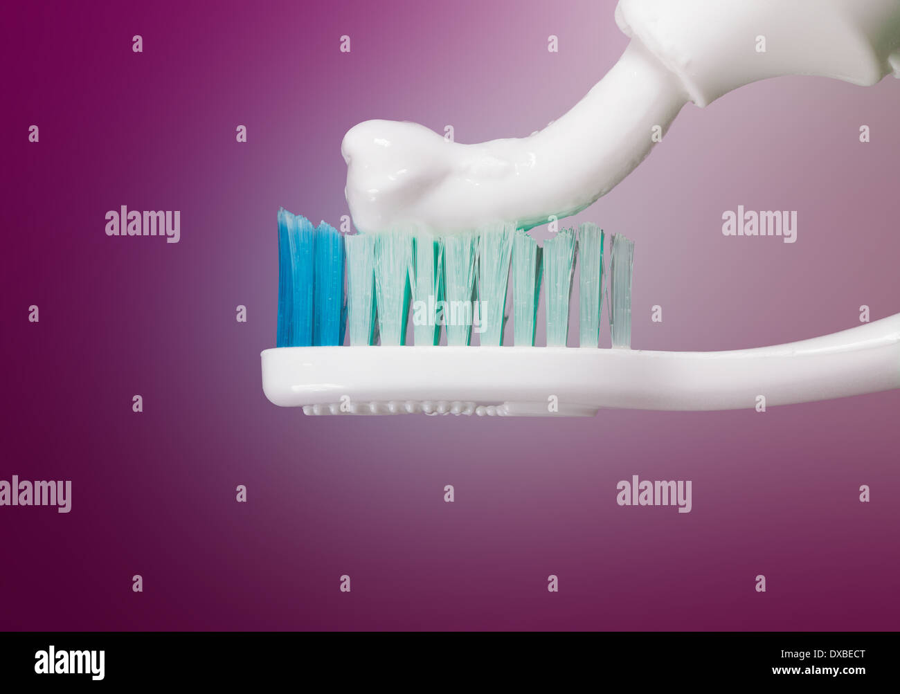 Toothbrush with paste on a violet background Stock Photo - Alamy