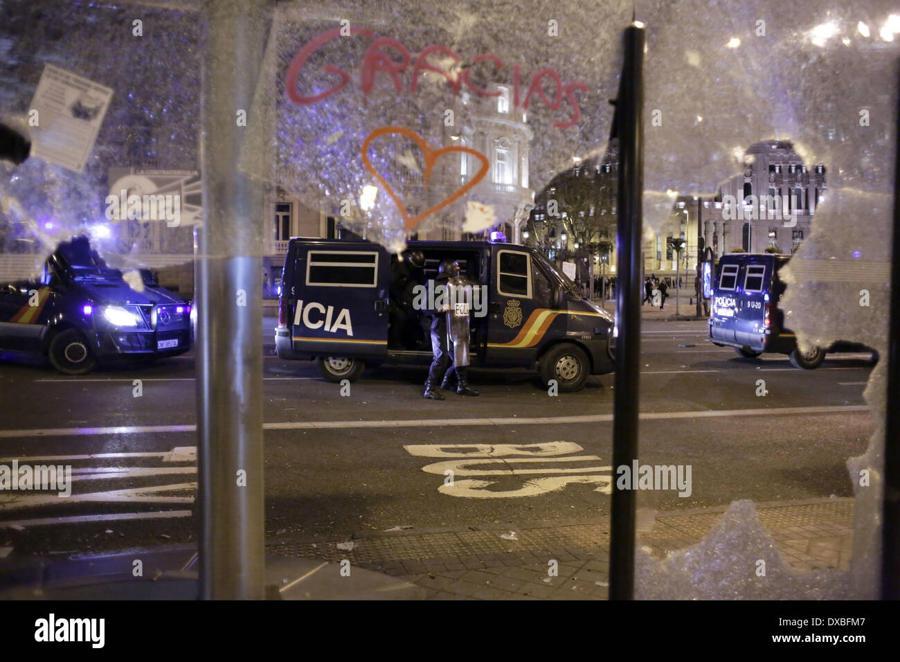 Madrid, Spain. 22nd Mar, 2014. Some protestors destroy a bus station ...