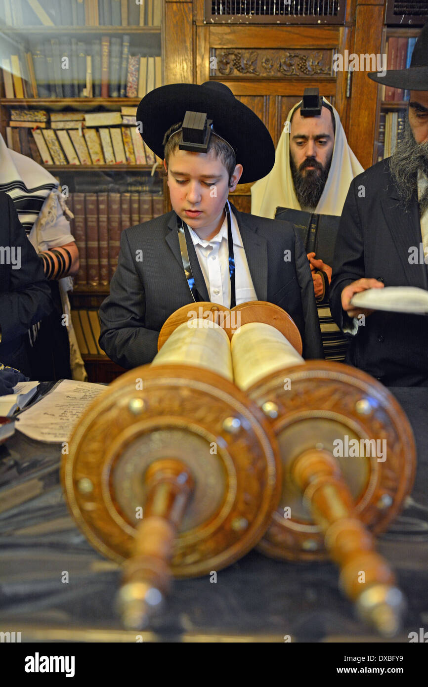 Weekday morning services in the Rebbe's office. Boy called to the Torah for his Bar Mitzvah. Crown Heights, Brooklyn, New York. Stock Photo