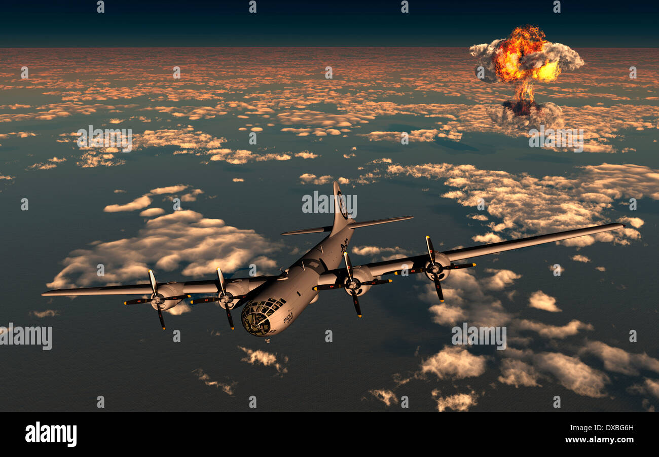 The "Enola Gay" B-29 Bomber,Flying Away From The Giant Mushroom Cloud Created By The Dropping Of An Atomic Bomb Over Hiroshima. Stock Photo