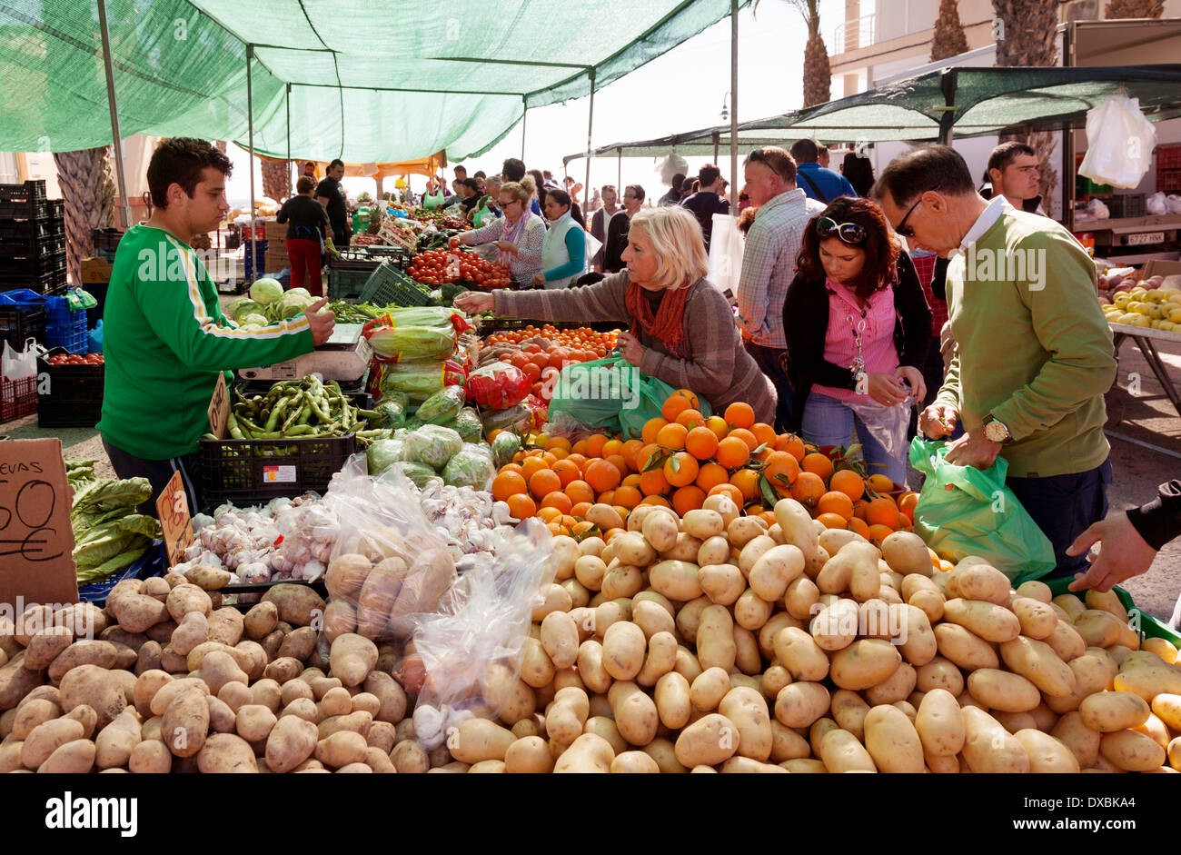 Spain market; People buying veg vegetables from a stall at the village