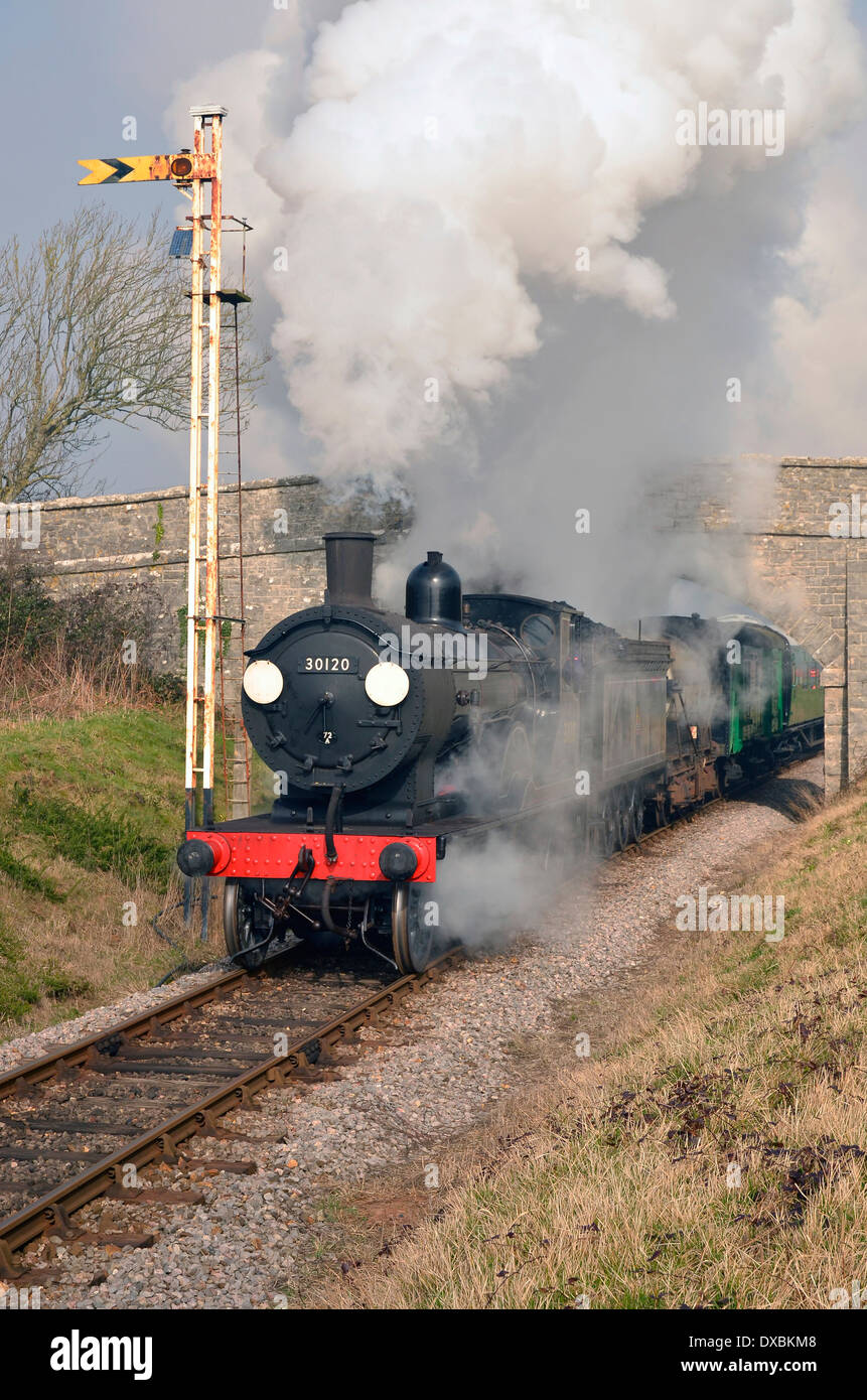 A reenactment of a typical Dorset branch line train of the late 1950's on the Swanage Railway