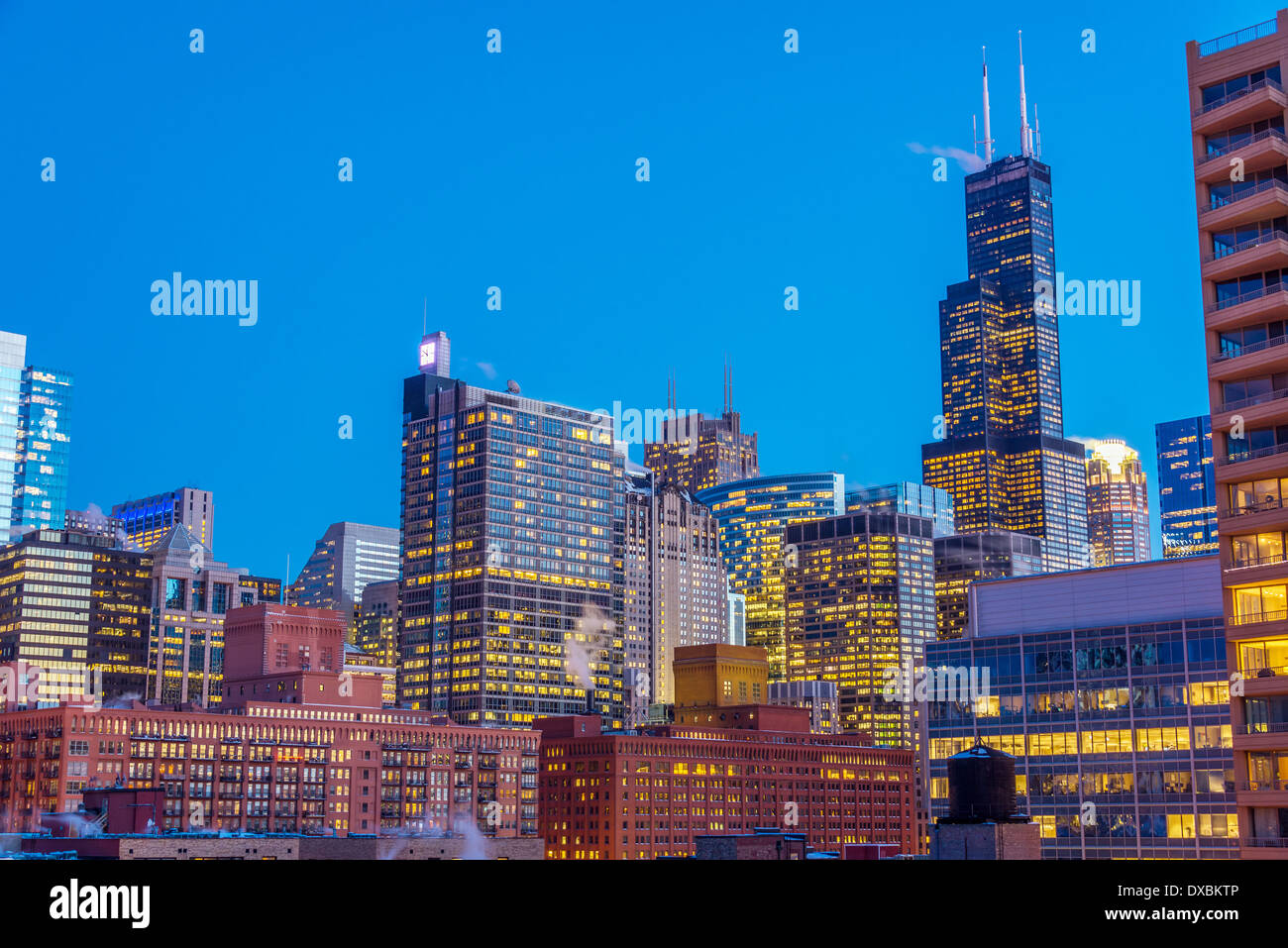 View of downtown Chicago taken during the blue hour Stock Photo