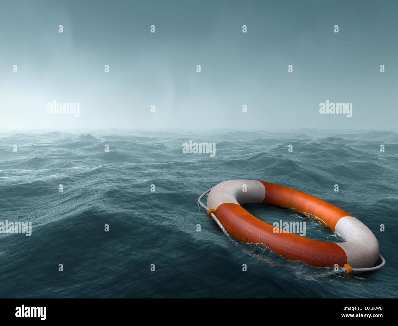 Lifebuoy floating in the vast expanse of sea Stock Photo