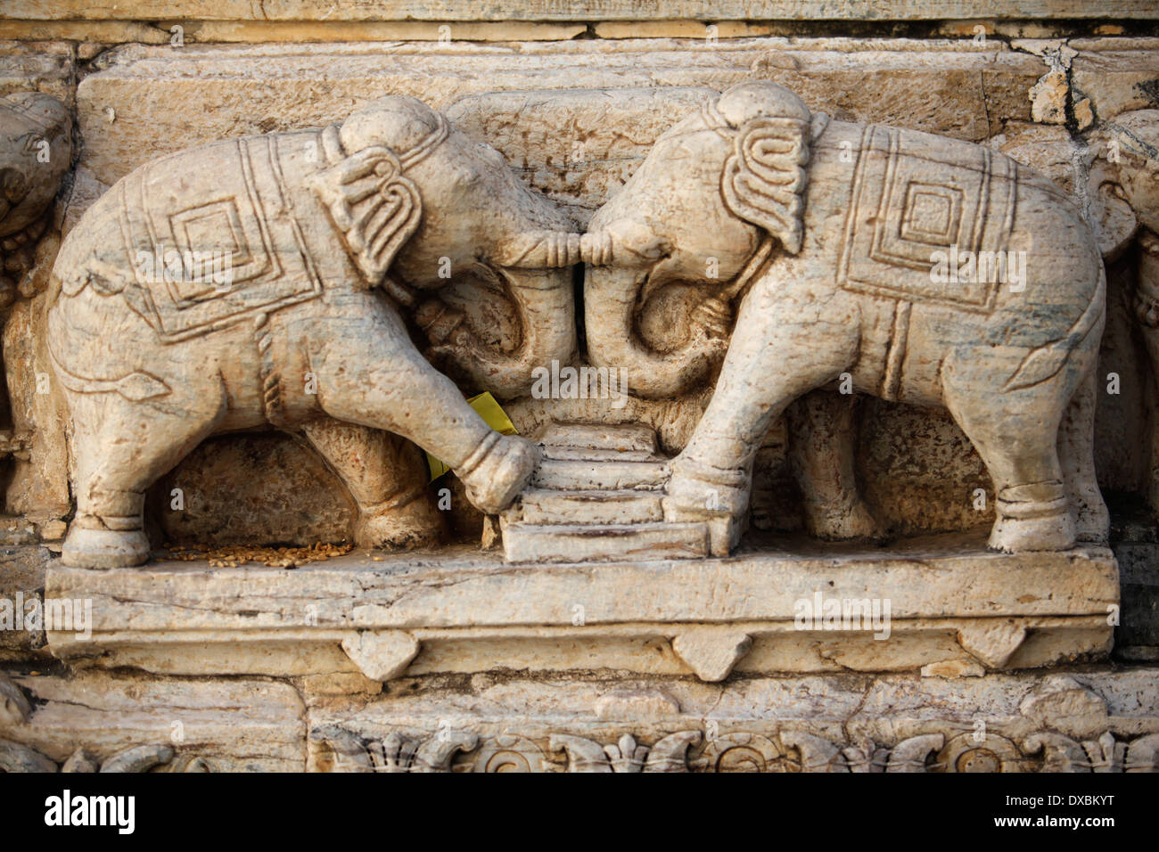 Detail of elephants carved in the stone inside the 'Udaipur Fort'. Rajasthan, India. Stock Photo