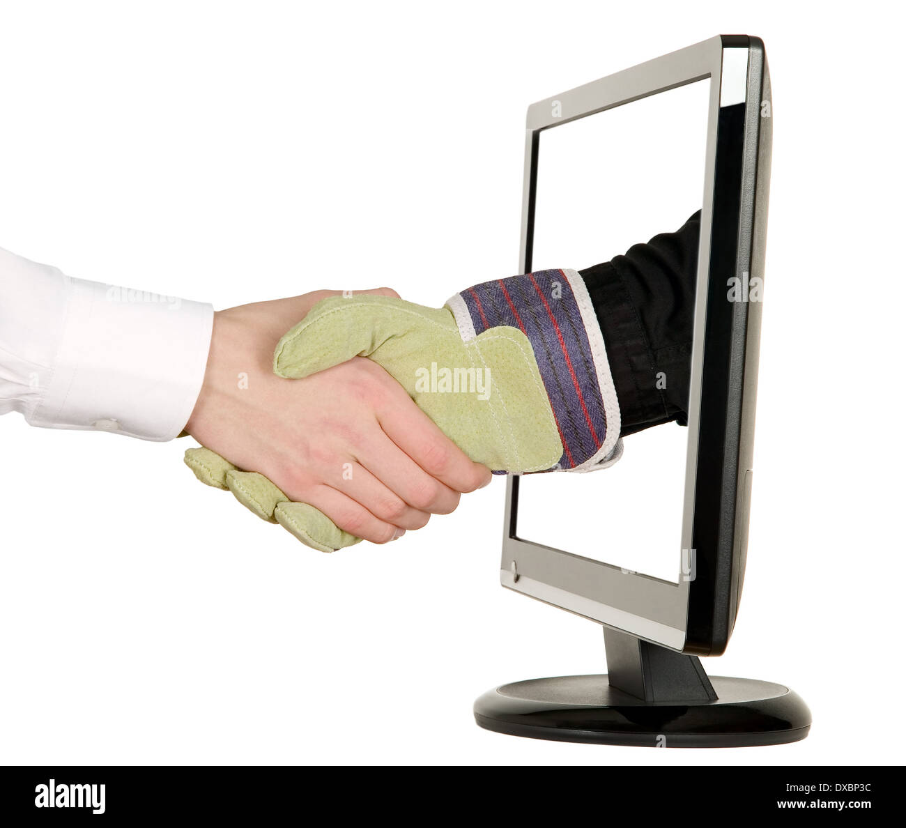 Industry worker with glove shakes hands with businessman on lcd monitor Stock Photo