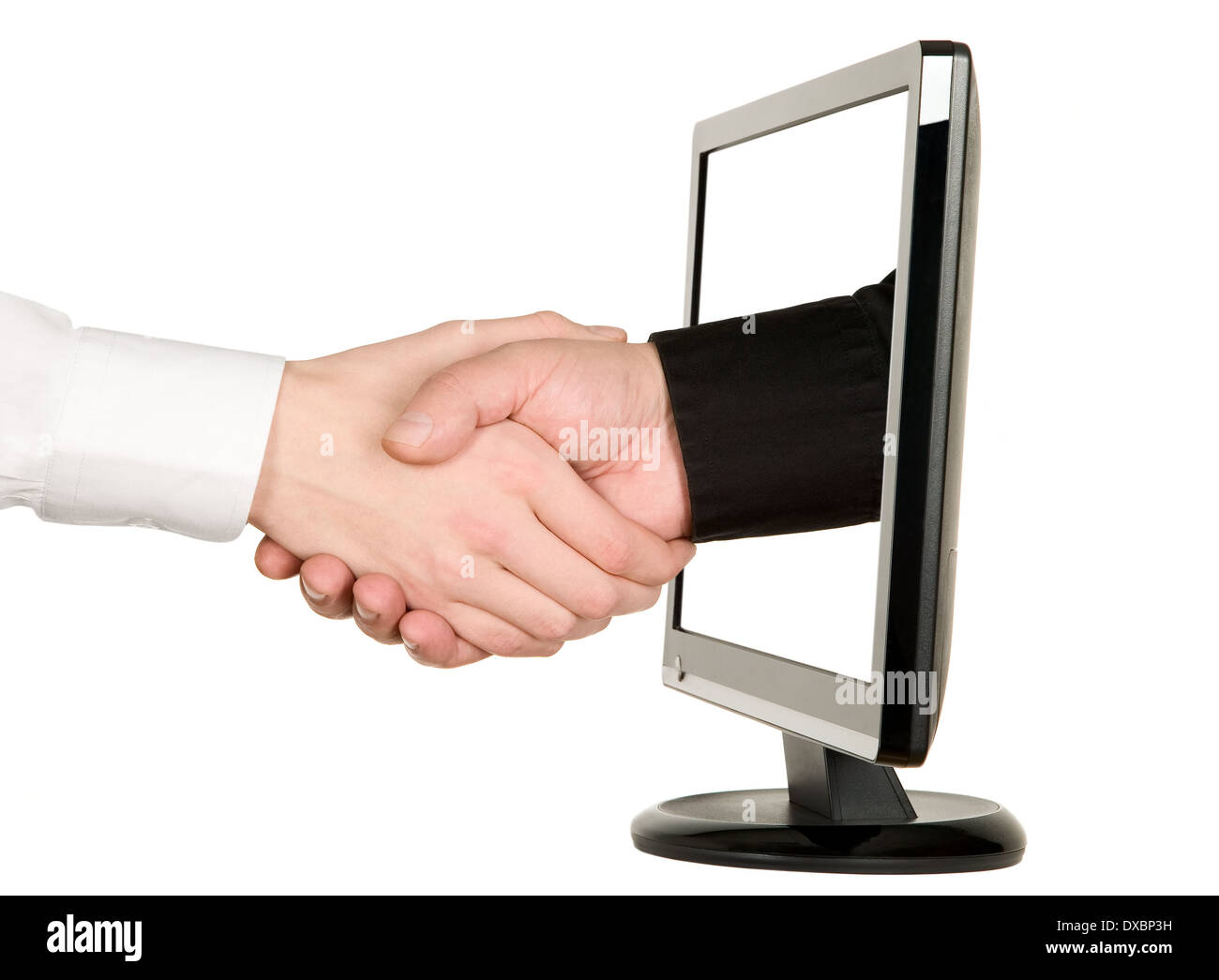 Man shakes hands with businessman on lcd monitor Stock Photo