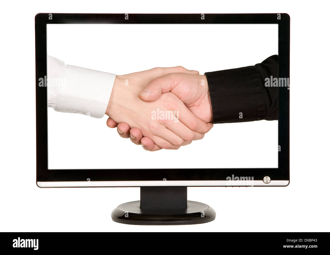 Man shakes hands with businessman on lcd monitor Stock Photo