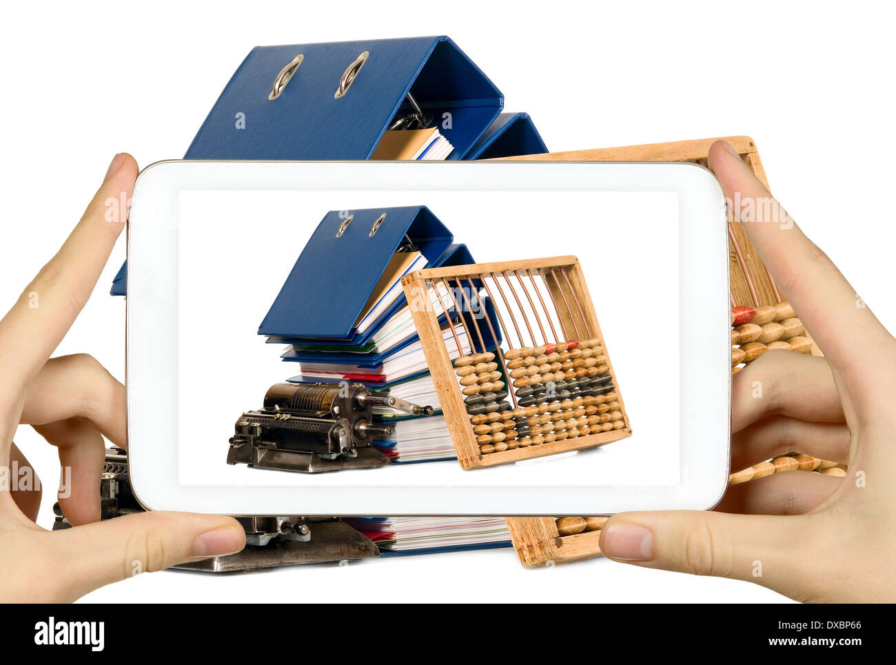 Man is taking photo of documents with smart mobile phone Stock Photo