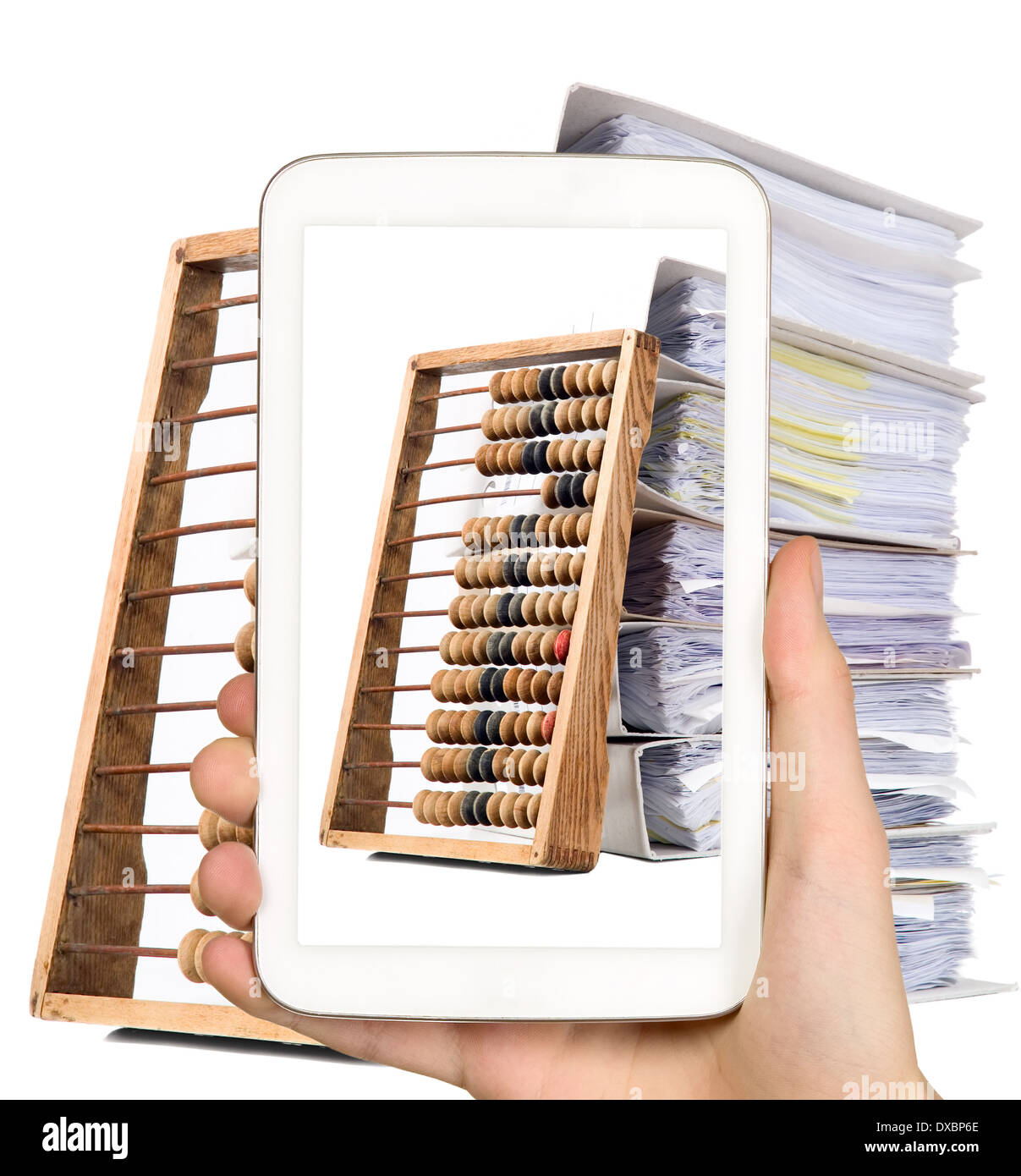 Man is taking photo of documents with smart mobile phone Stock Photo