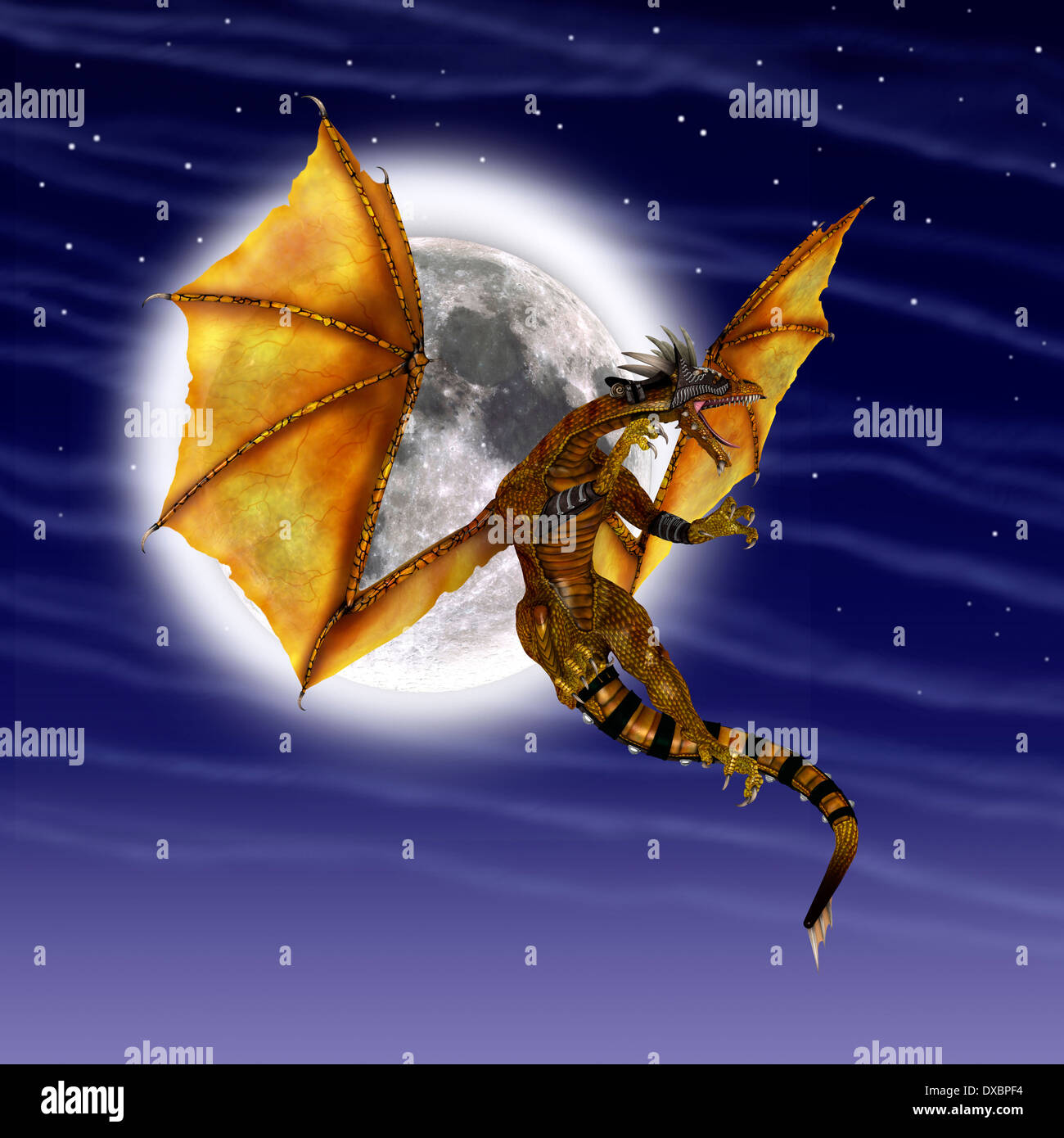 3D digital render of a golden fantasy dragon on a blue night sky with ...