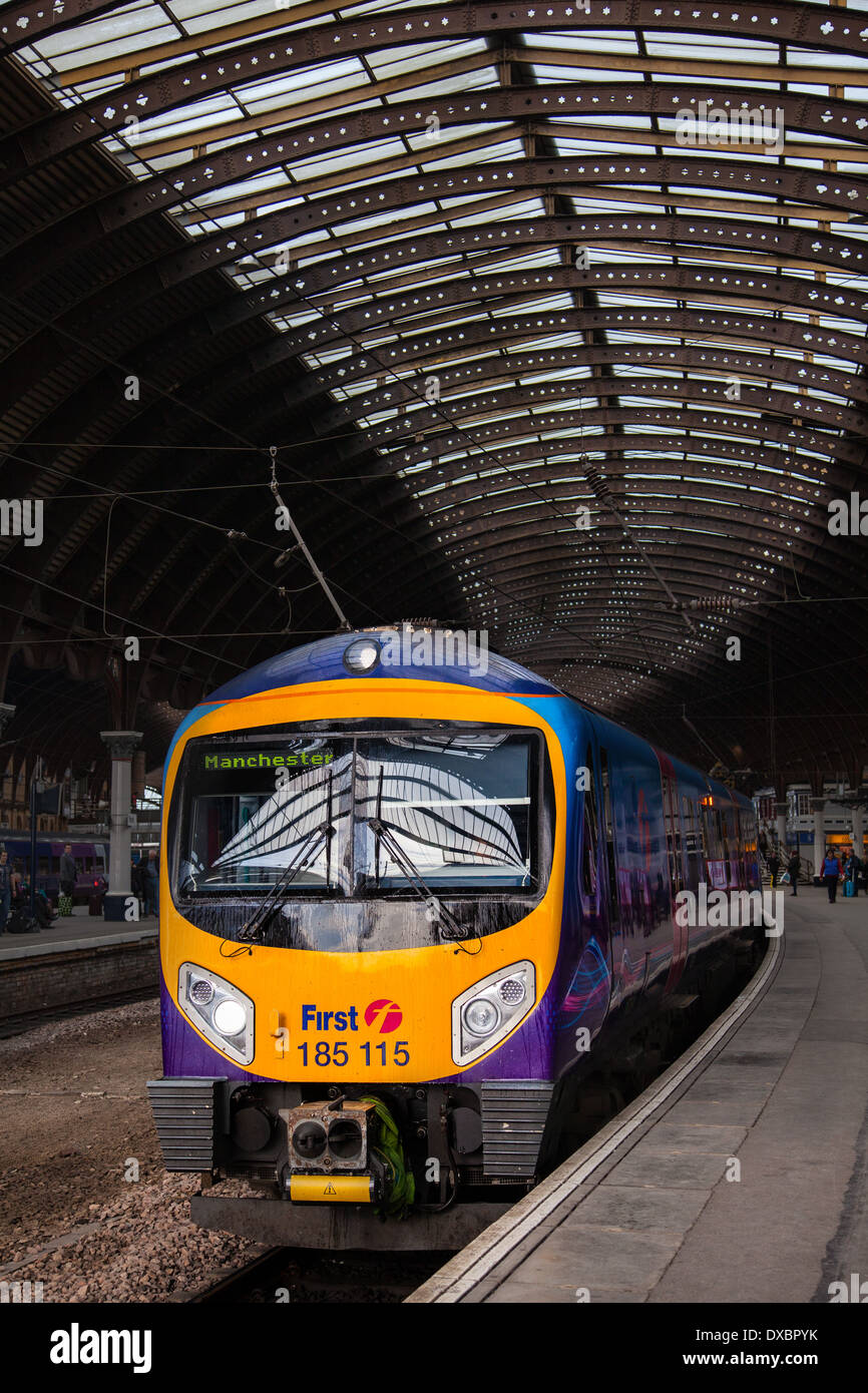 FirstGroup British train operating company.  Class 185 is a diesel multiple-unit passenger train First TransPennine Express, York Station, England, UK Stock Photo