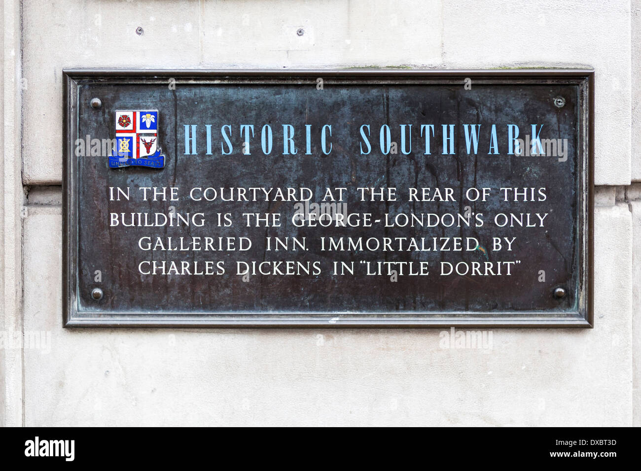 Historic Southwark Sign with information about The George Inn - a galleried traditional pub in Borough, London Stock Photo