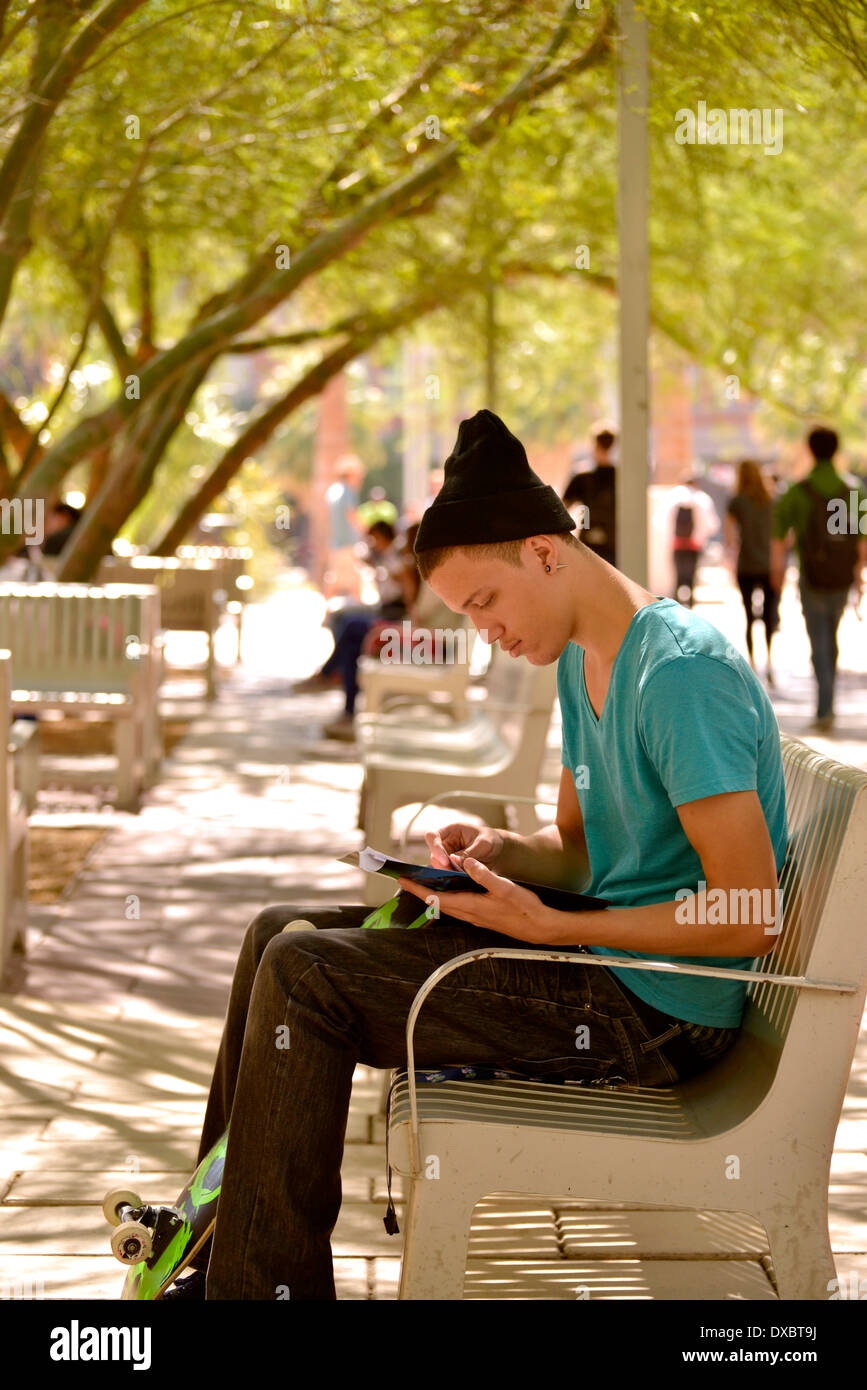 A young man on a college campus looking through educational brochures. Stock Photo
