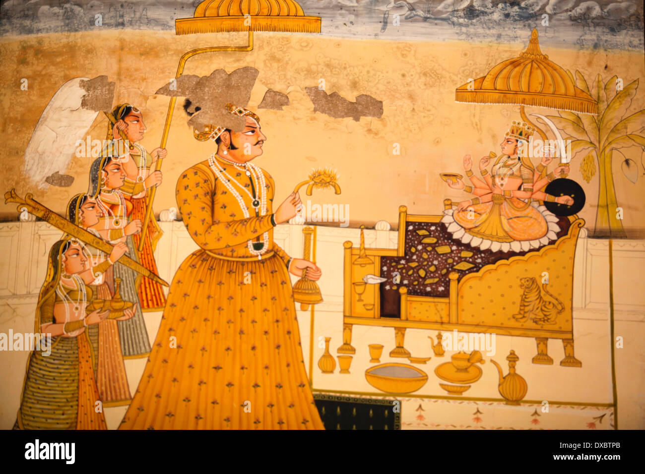Wall paintings inside the 'Mehrangarh Fort'. Jodhpur, Rajasthan, India. Stock Photo