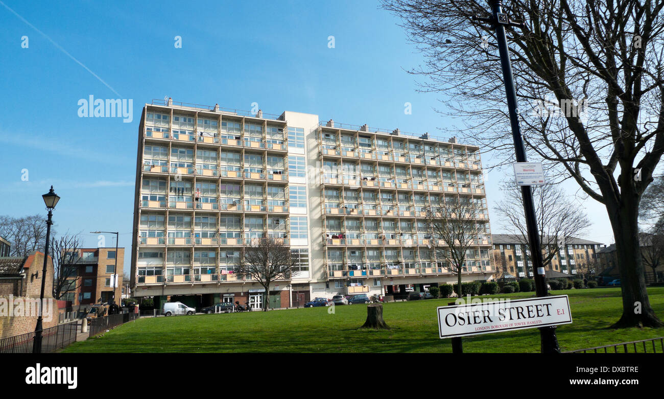Block of flats (tower block) and Osier Street sign near Cephas Avenue
