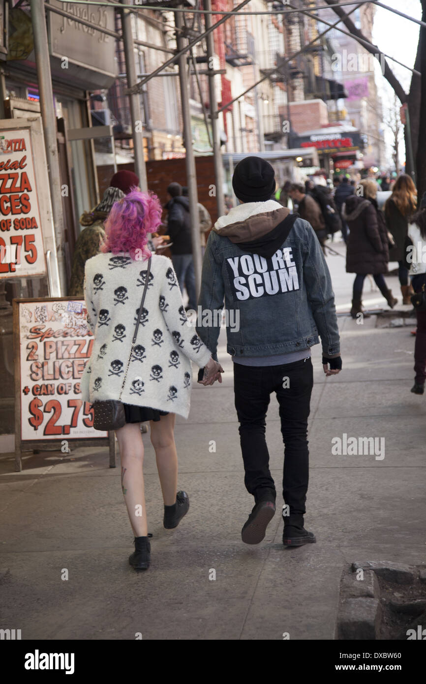 Punk couple walk hand in hand in the East Village, New York City Stock