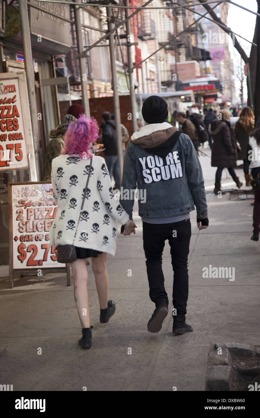 Punk couple walk hand in hand in the East Village, New York City. Stock Photo