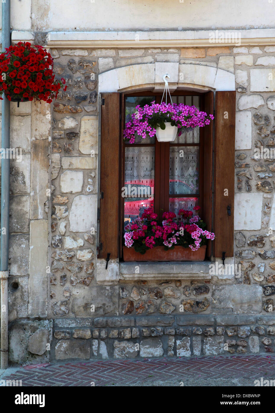 Window with window box, flowers and hanging basket in the pretty village of le Bec Hellouin, Normandy, France Stock Photo