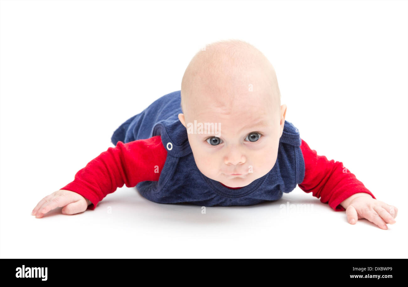young toddler isolated in white background crawling to camera Stock Photo