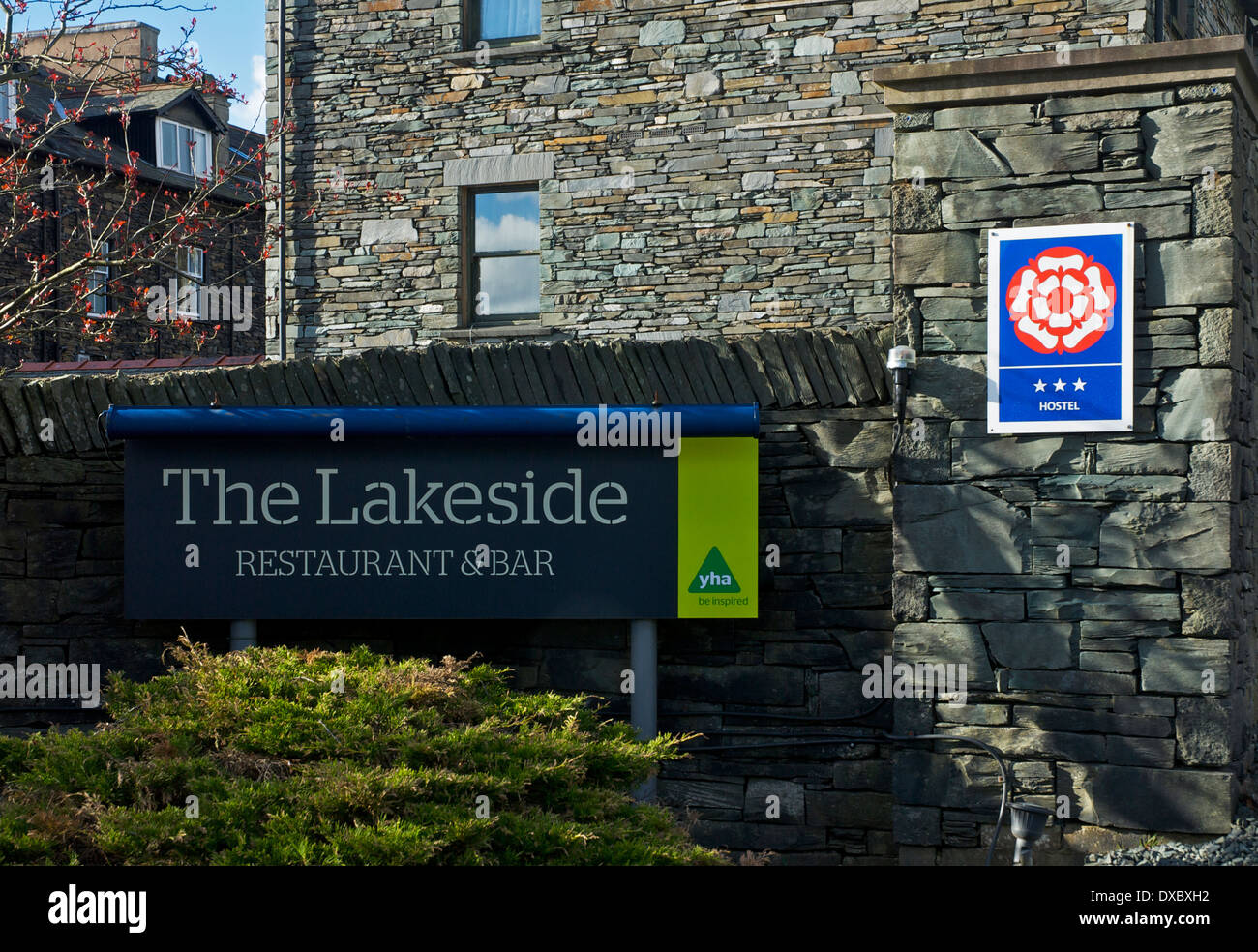 Sign for the Ambleside Youth Hostel, at Waterhead, Lake District National Park, Cumbria, England UK Stock Photo