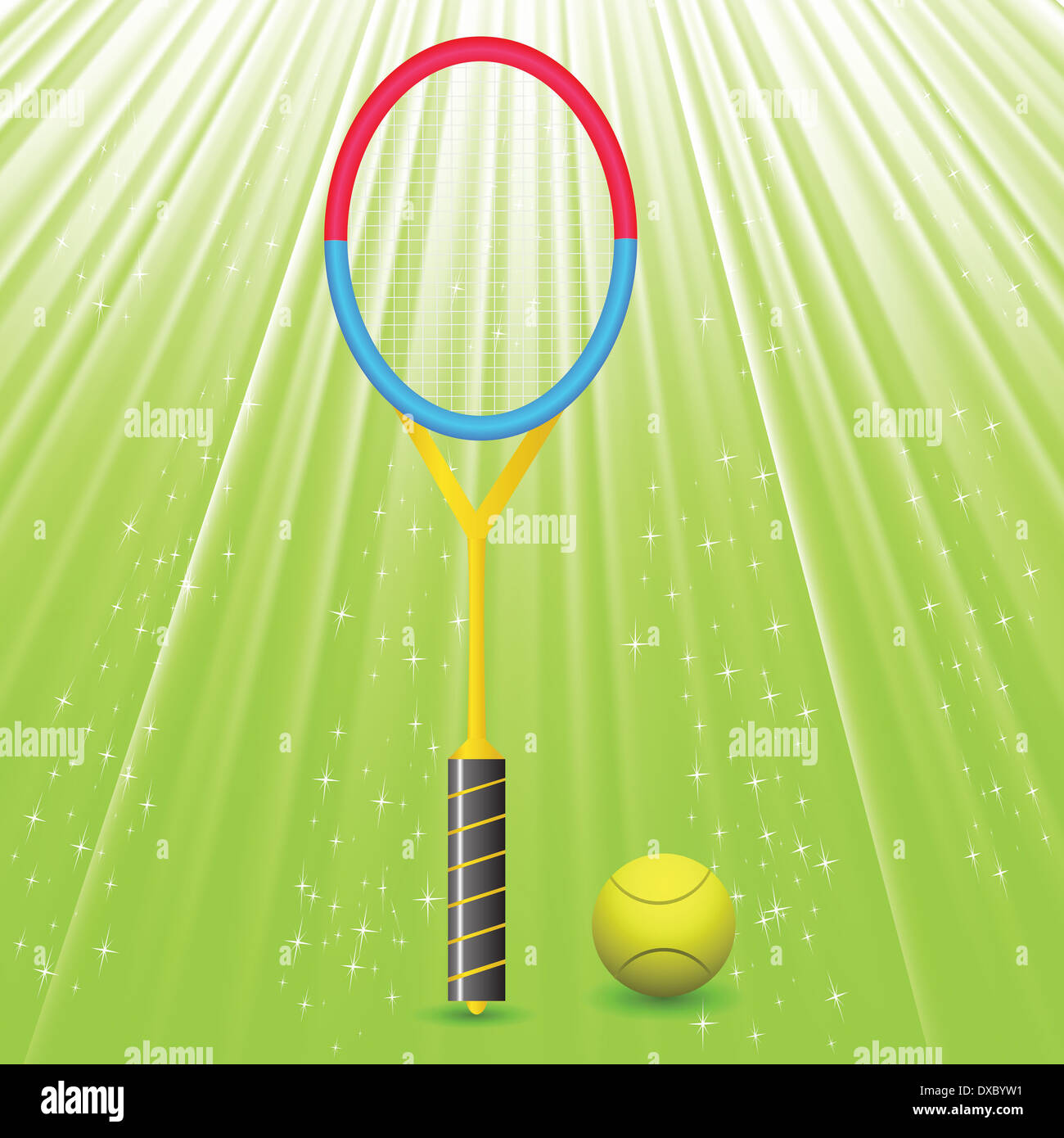 colorful illustration with tennis racket and ball on a green background ...