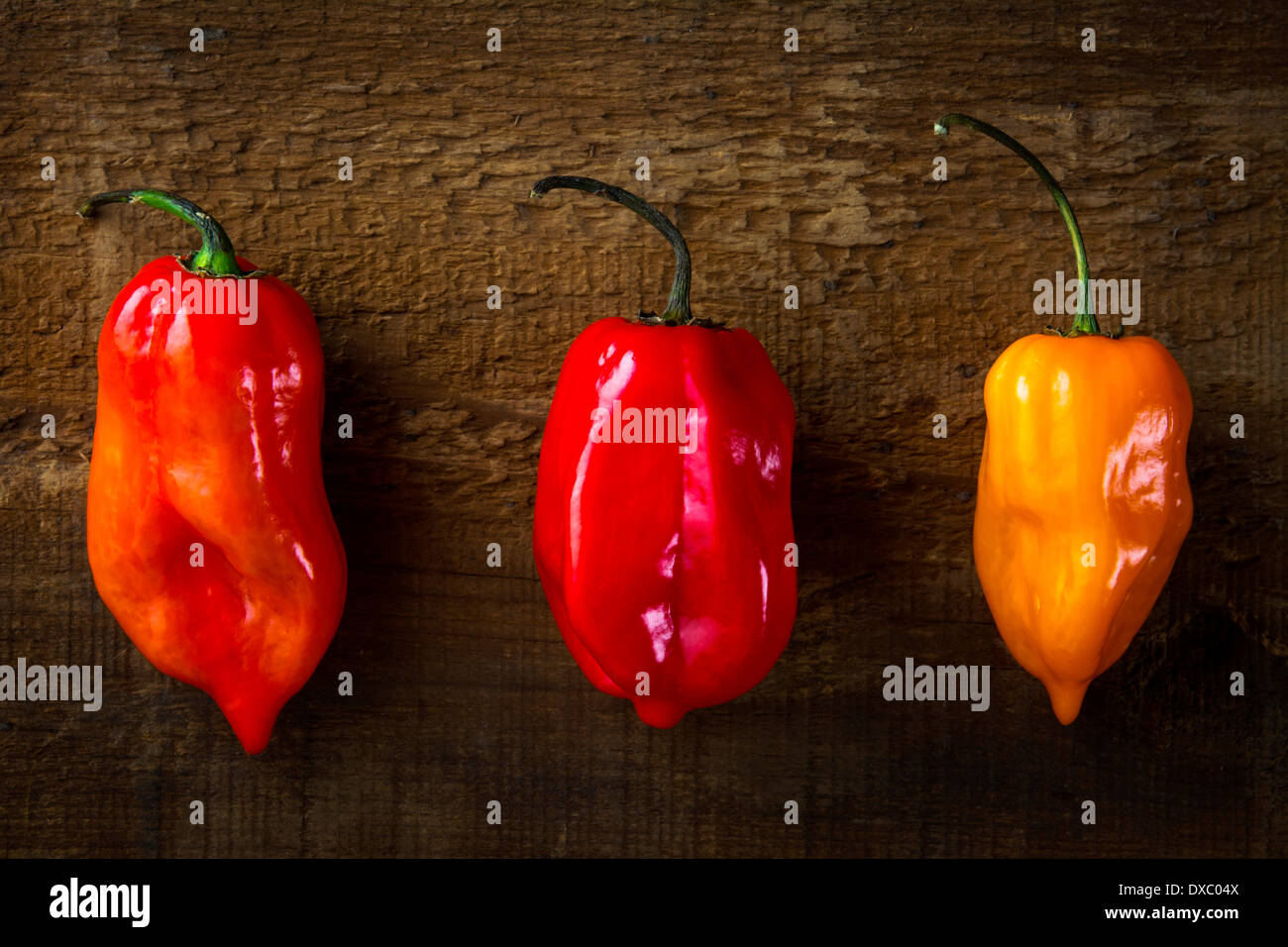 Three hot peppers on wooden background Stock Photo