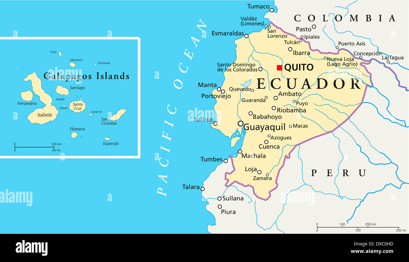 Political map of Ecuador and Galapagos Islands with the capital quito, national borders, most important cities, rivers and lakes Stock Photo
