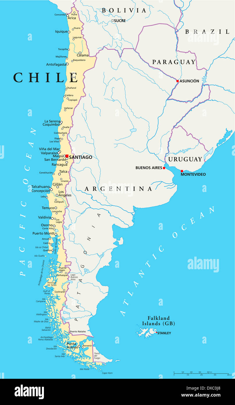 Political map of Chile with the capital Santiago, national borders, most important cities, rivers and lakes. Stock Photo