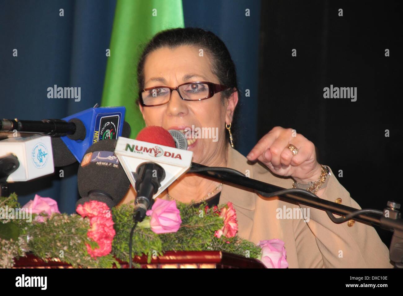 Algiers, Algeria. 23rd Mar, 2014. Leader of Workers' Party (PT) Louisa Hanoune, candidate in the forthcoming presidential election, delivers a speech during an election rally campaign, in Annaba, Algeria, March 23, 2014. Campaigning for Algeria's upcoming presidential election kicked off on Sunday and will run until April 13. © STR/Xinhua/Alamy Live News Stock Photo