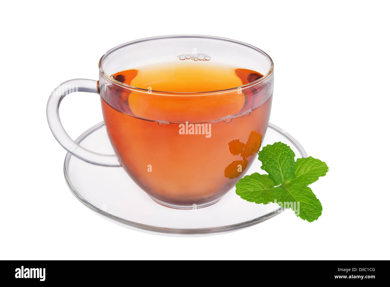 Glass cup of fresh tea with mint leaves isolated on white background Stock Photo