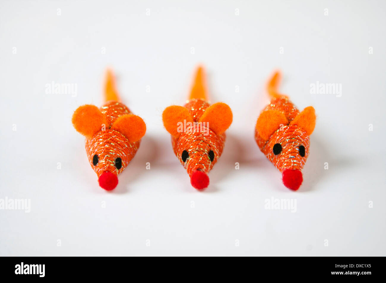 Three bright, orange, catnip, cat toy mice with red noses in aligned in a row. Stock Photo