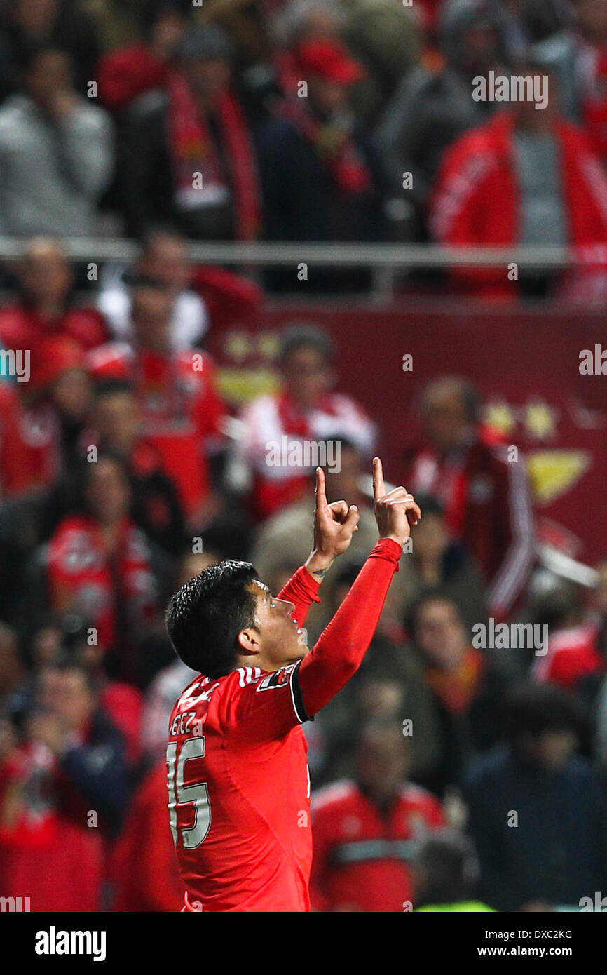 Lisbon, Portugal. 23rd Mar, 2014. Benfica's Argentine midfielder Enzo Perez celebrates after scoring a goal during a soccer match between SL Benfica and Academica in the Portuguese Premier League, at Benfica's Luz Stadium in Lisbon, on March 23, 2014. © Action Plus Sports/Alamy Live News Stock Photo
