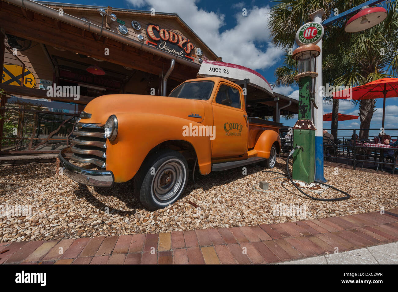 Cody's Roadhouse Restaurant  at Sumter Landing in the Villages Florida using an Antique Ford Truck for advertisement. Stock Photo